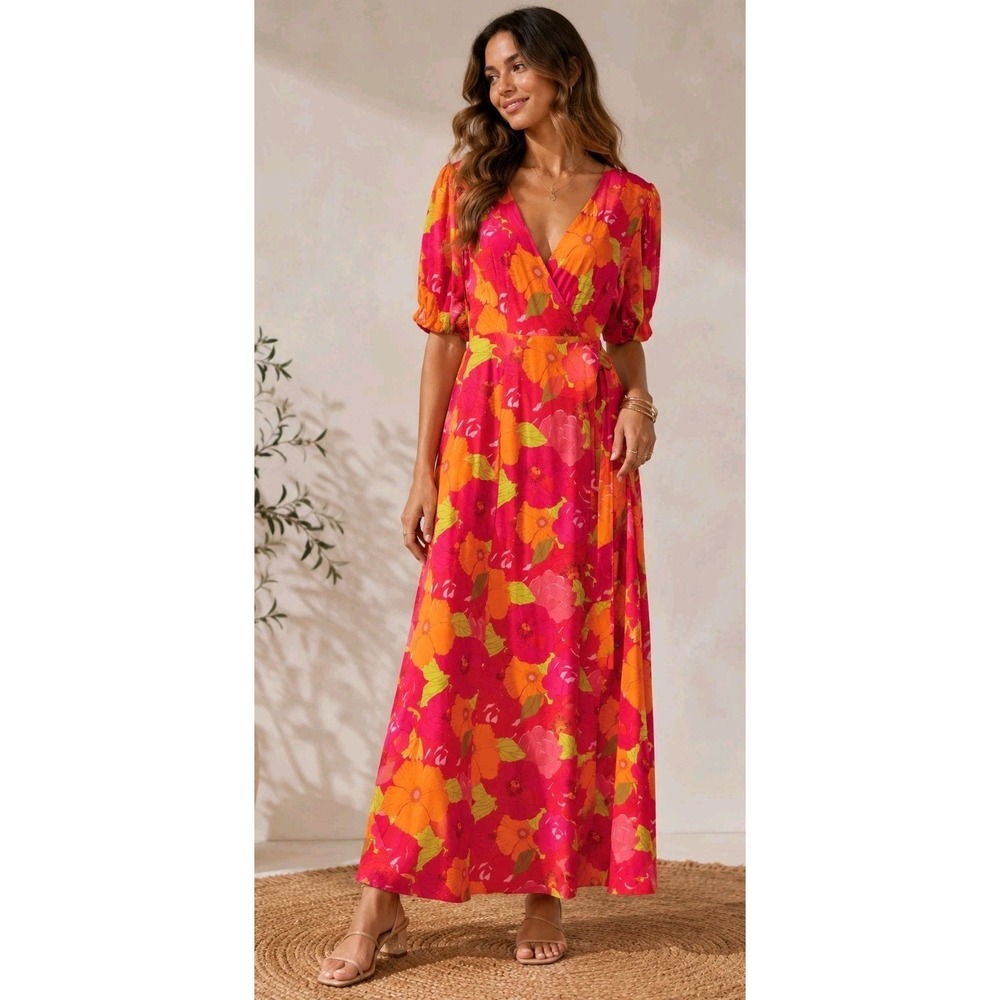 Mixed By Nasrin Maxi Wrap Dress Floral M Tropical Floral Puff Sleeve Maxi Luxury